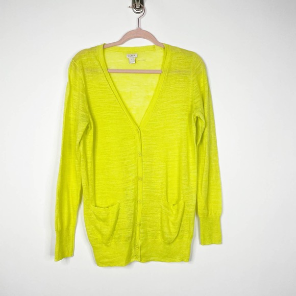 J. Crew V-Neck Cardigan M Neon Yellow Button-up Front Patch Pockets #5451